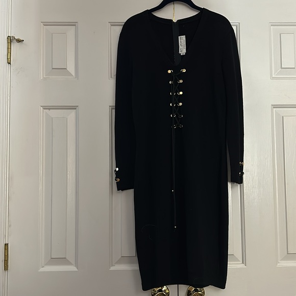 SALE NWOT ST JOHN Collection by Marie Gray black sweater dress with gold detail. - Picture 2 of 6